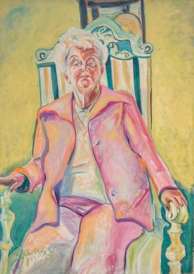 Portrait of an elderly person with white hair sitting on an ornate chair. They wear a colorful outfit in shades of pink and orange. The background is a mix of green and yellow tones, creating a vibrant atmosphere.
