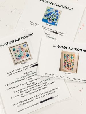 Flyers for "1st, 2nd, and 4th Grade Auction Art" projects with images of artwork. Instructions include coloring, returning forms, and contact info for Charlotte Smith. Each flyer thanks participants for contributing to collaborative art pieces.