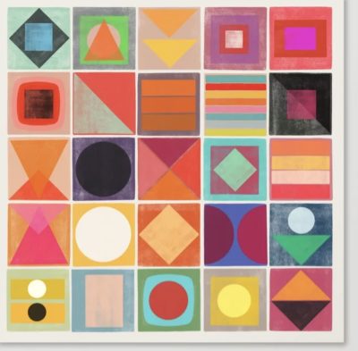 A grid of colorful abstract geometric shapes, including squares, circles, triangles, and stripes, each in a unique color combination. The artwork includes a variety of colors such as red, orange, pink, green, and blue.