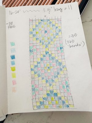 A hand-drawn bead weaving pattern chart with a grid filled with blue, yellow, green, and pink squares. Color key, notes, and calculations appear around the chart, including "16-20" long x 1.5" wide," and “733 (363 beads).”.